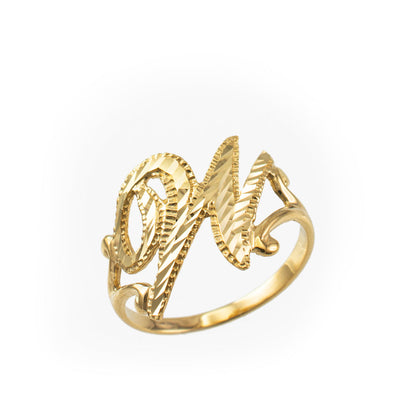 14K Yellow Gold Sparkle-Cut Letter Initial Script Ring Karma Blingz