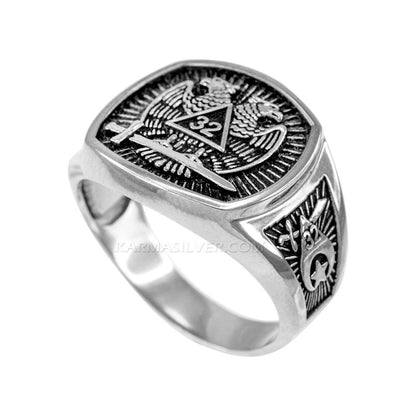 Oxidized Sterling Silver Scottish Rite 32nd Degree Masonic Ring - Mens Silver Masonic Ring Karma Blingz