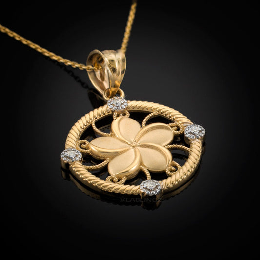 Gold Hawaiian Plumeria Flower Diamond Pendant Necklace (10k, 14k, yellow, white, rose gold) Karma Blingz