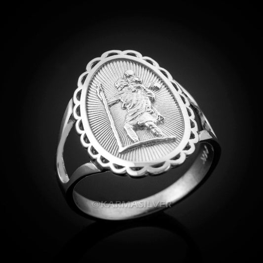 Sterling Silver Saint Christopher Ladies Oval Ring Karma Blingz