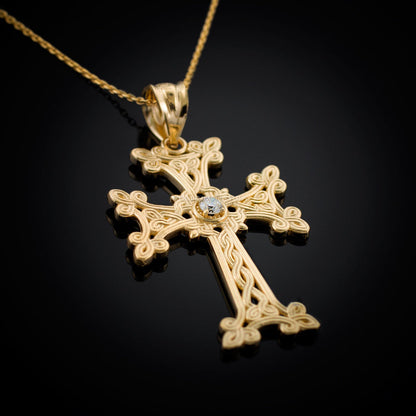 Gold Armenian Cross Diamond Solitaire Pendant Necklace (10k, 14k, yellow, white, rose gold) Karma Blingz