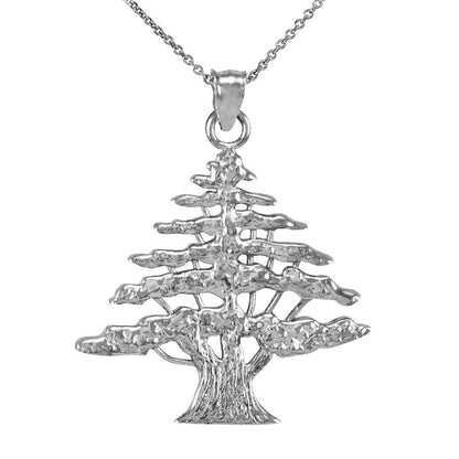 Sterling Silver Lebanon Cedar Tree Pendant Necklace - Midsize Unisex Lebanese Pendant FDJ