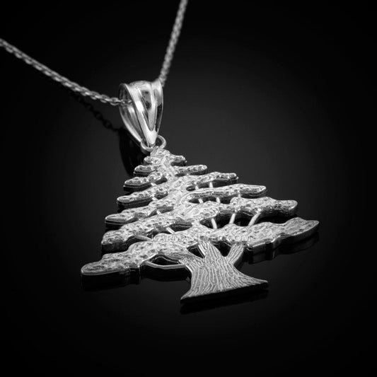 Sterling Silver Lebanon Cedar Tree Pendant Necklace - Midsize Unisex Lebanese Pendant FDJ