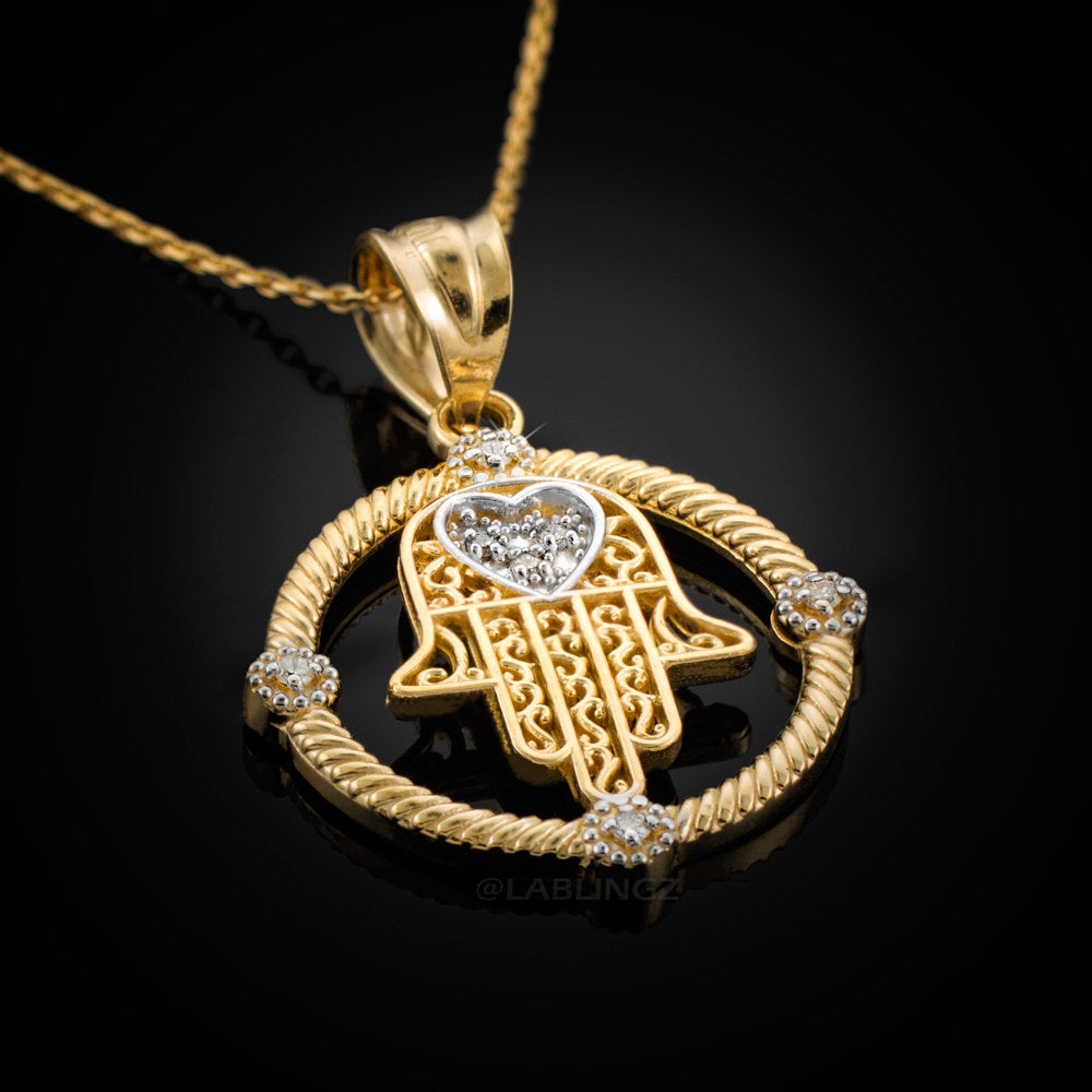 Gold Filigree Hamsa Diamond Pendant Necklace (10k, 14k, yellow, white, rose gold) Karma Blingz