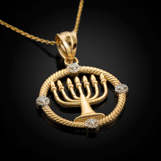 Gold Shabbat Menorah Hebrew Diamond Pendant Necklace (10k, 14k, yellow, white, rose gold) Karma Blingz