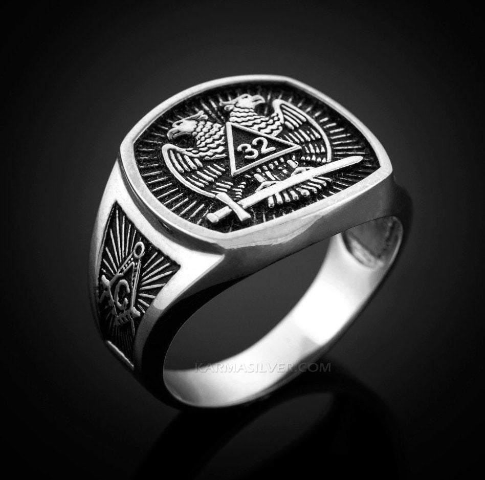 Oxidized Sterling Silver Scottish Rite 32nd Degree Masonic Ring - Mens Silver Masonic Ring Karma Blingz
