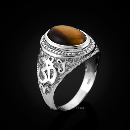 Sterling Silver Om Oval Tiger Eye Cabochon Yoga Ring Karma Blingz