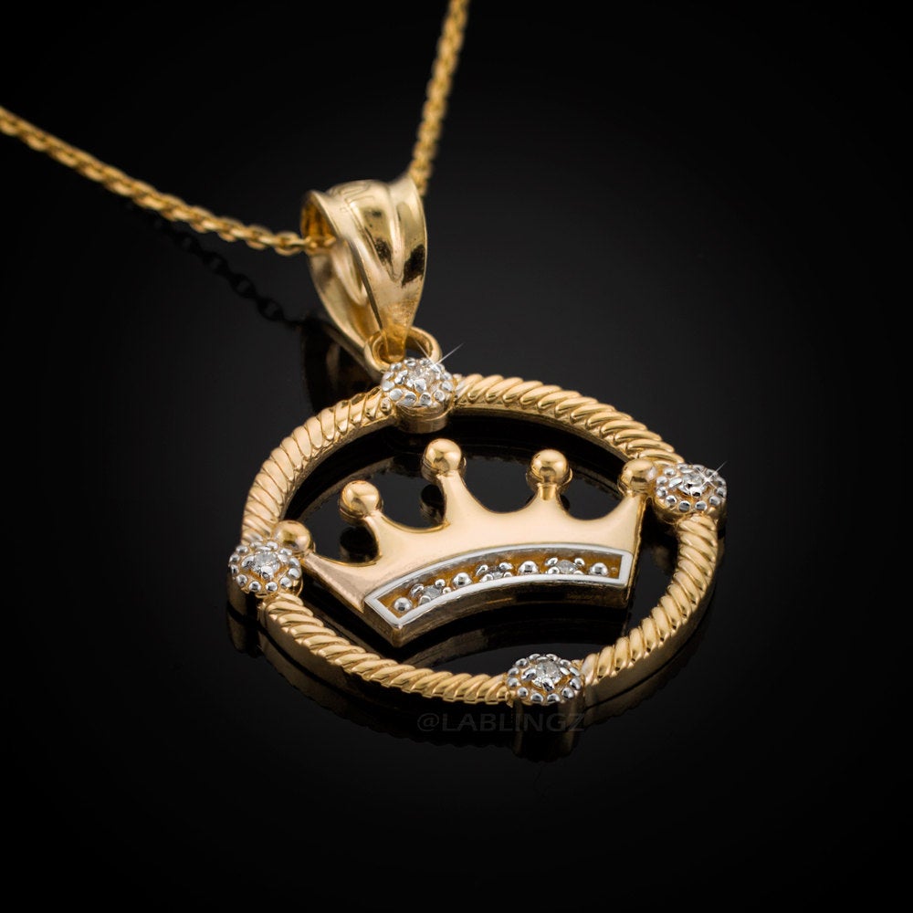 Gold Quinceanera Crown Diamond Pendant Necklace (10k, 14k, yellow, white, rose gold) Karma Blingz