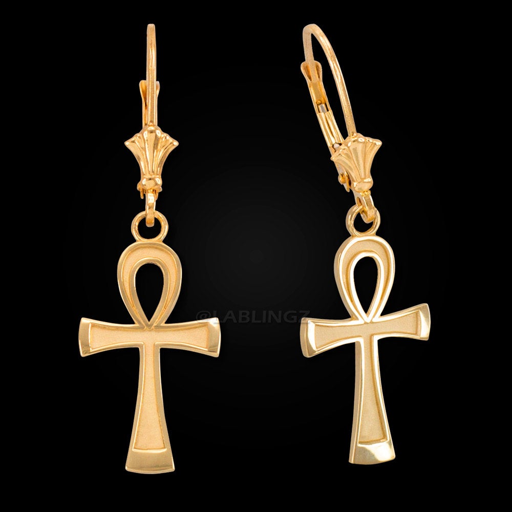 14K Gold Egyptian Ankh Cross Earrings (yellow, white, rose gold) Karma Blingz