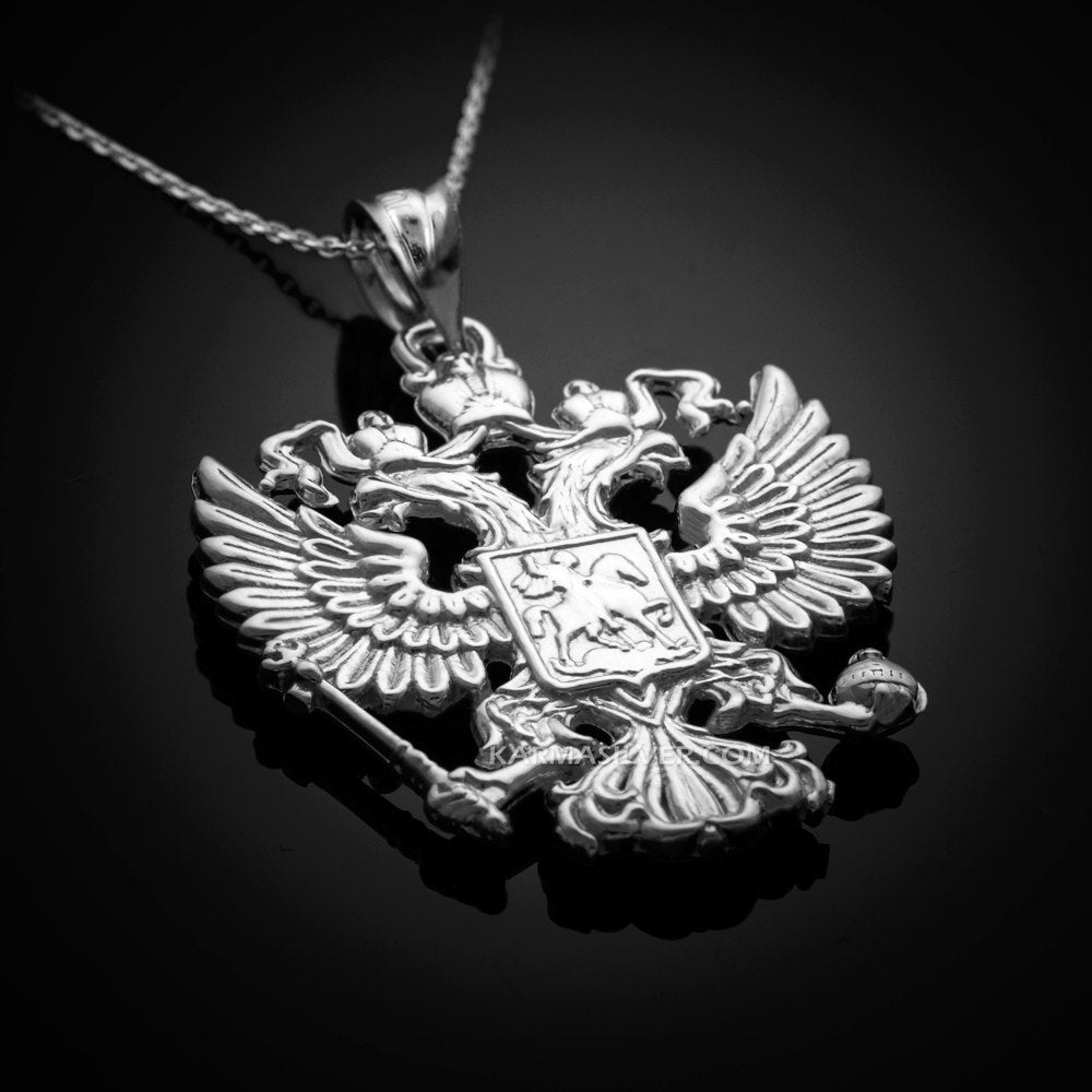 Sterling Silver Russian Coat of Arms Double-Headed Eagle Pendant Necklace Karma Blingz