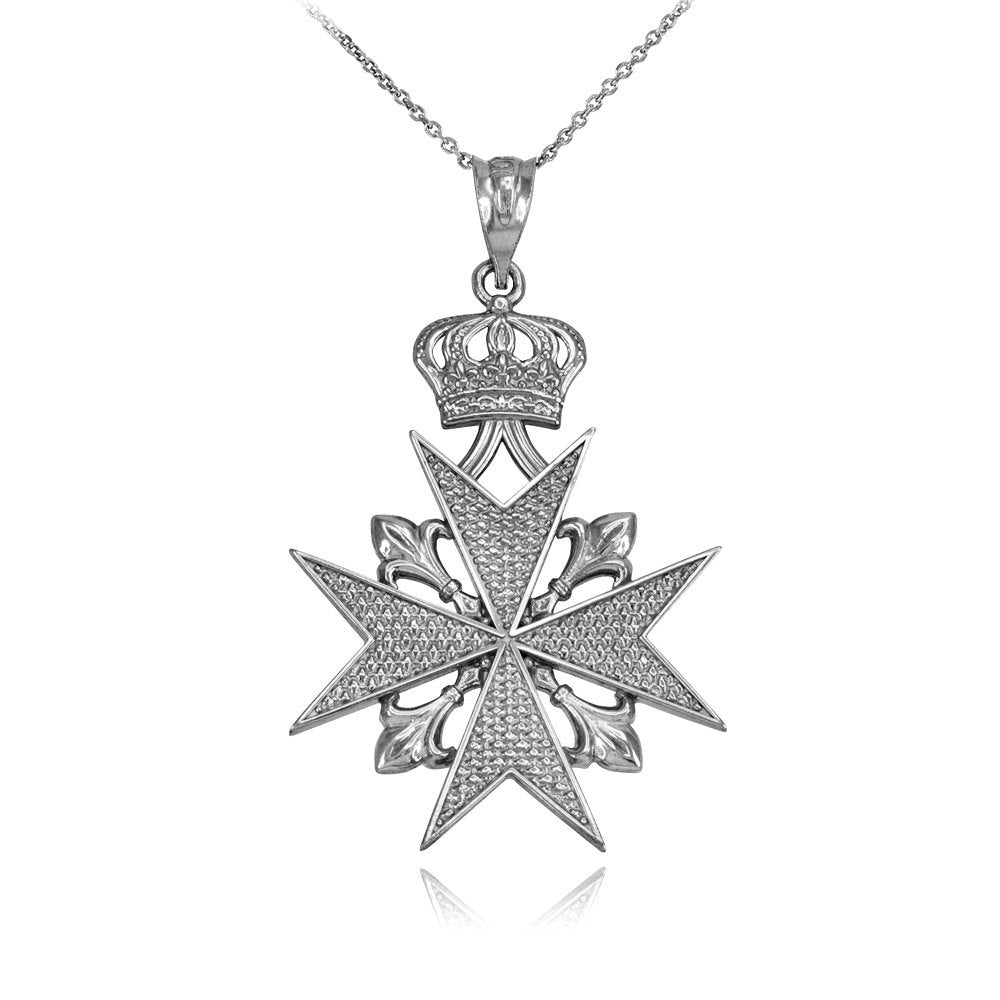 Sterling Silver Fleur-de-Lis Imperial Maltese Cross Pendant Necklace Karma Blingz