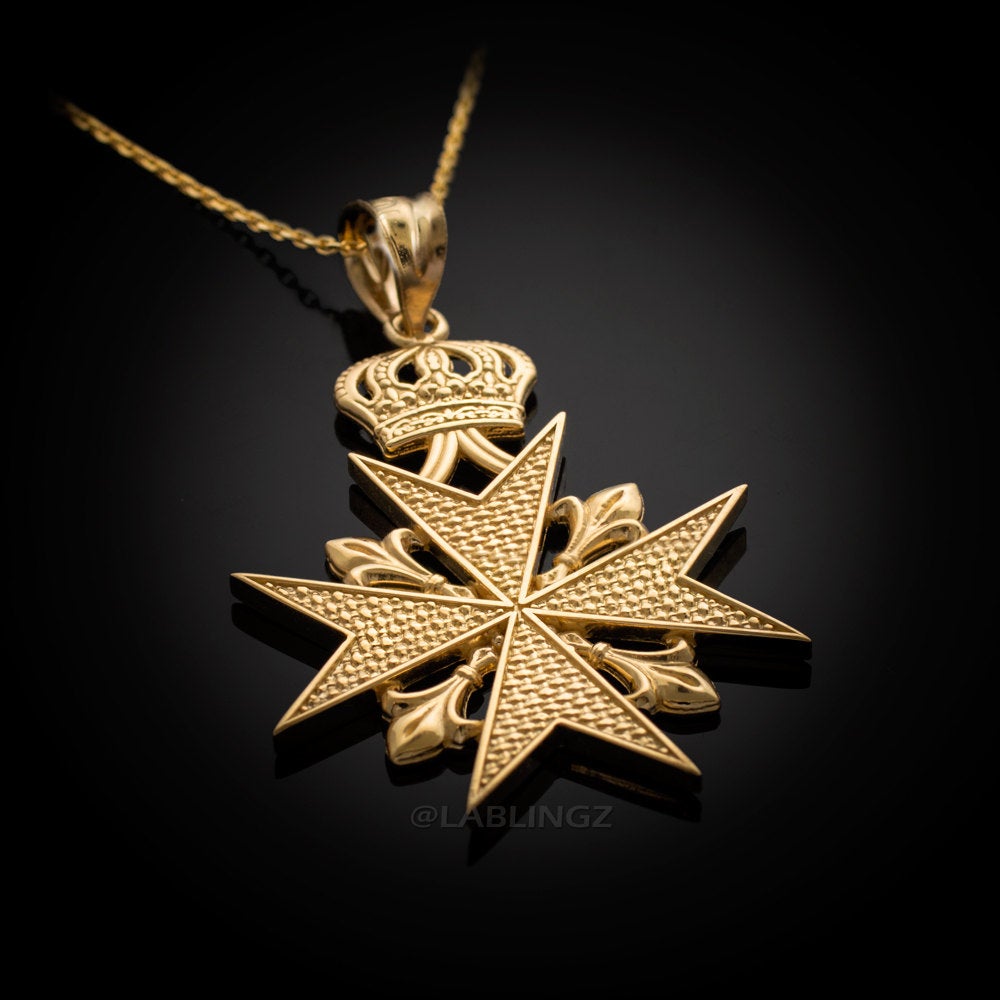 Gold Imperial Crown Maltese Cross Pendant Necklace (yellow, white, rose gold) Karma Blingz