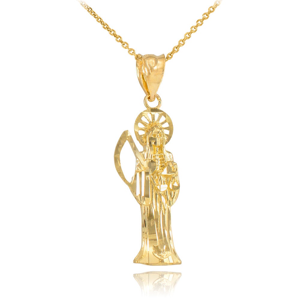 Gold Santa Muerte Charm Necklace (10k, 14k, yellow, white, rose gold) Karma Blingz