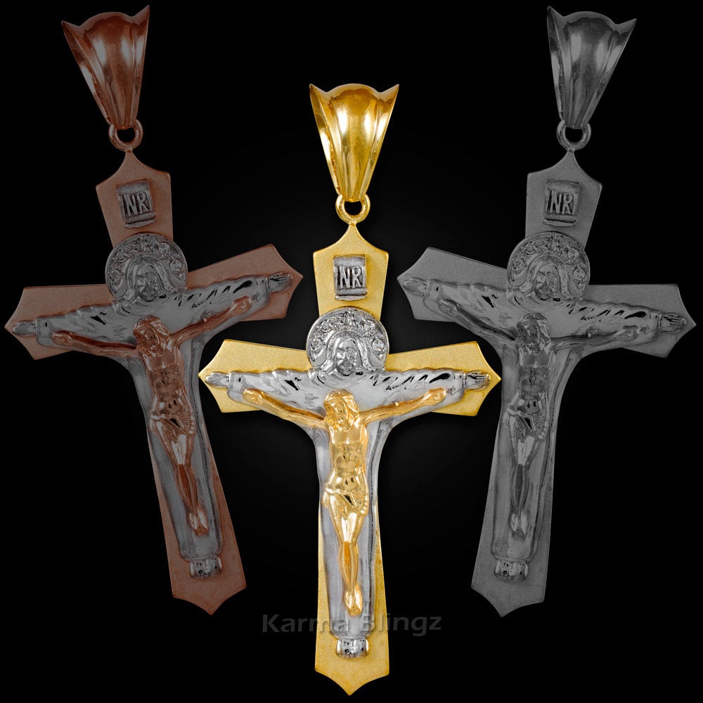 Gold Holy Trinity Crucifix CZ Hip-Hop Cross Pendant Karma Blingz