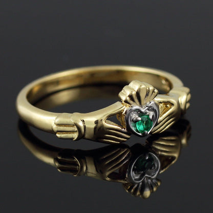 Yellow Gold Claddagh Promise Ring with Genuine Emerald Center Stone Karma Blingz