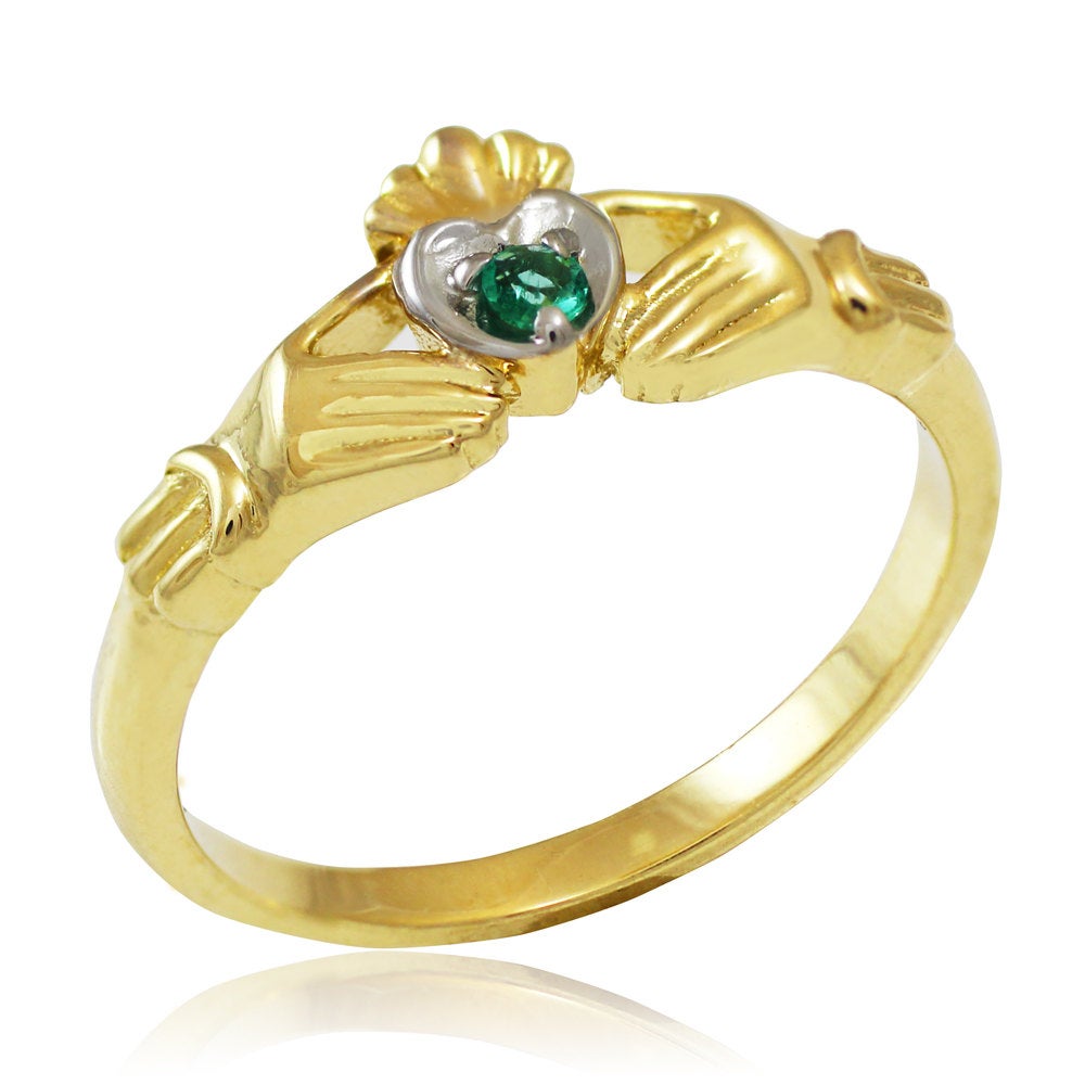 Yellow Gold Claddagh Promise Ring with Genuine Emerald Center Stone Karma Blingz