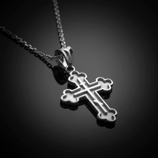 White Gold Russian Eastern Orthodox Cross Charm Pendant Necklace Karma Blingz