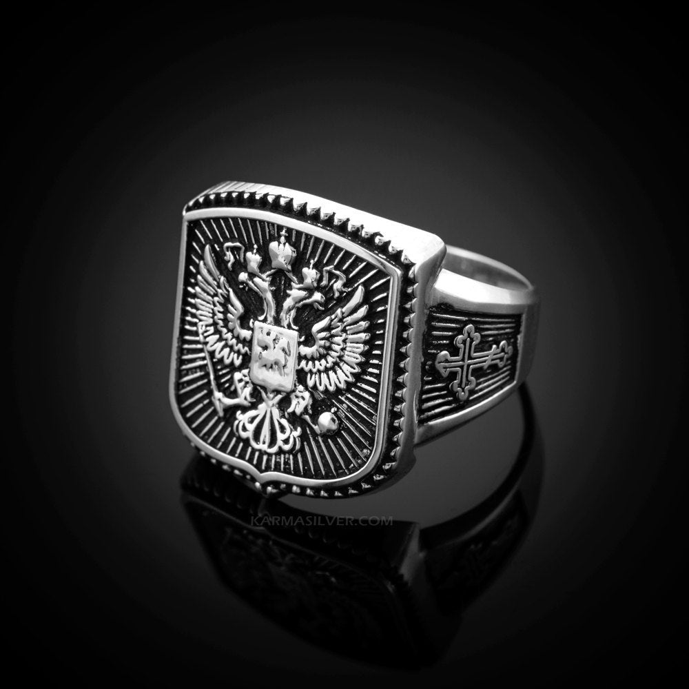 Sterling Silver Russian Imperial Crest Mens Orthodox Cross Ring Karma Blingz