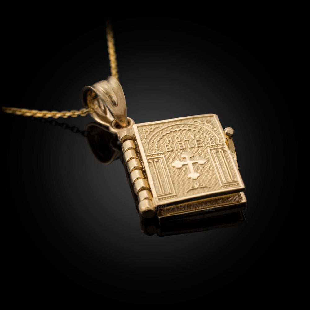 Gold Holy Bible 3D Book Christian Pendant Necklace (yellow gold, white gold, 10k, 14k) Karma Blingz