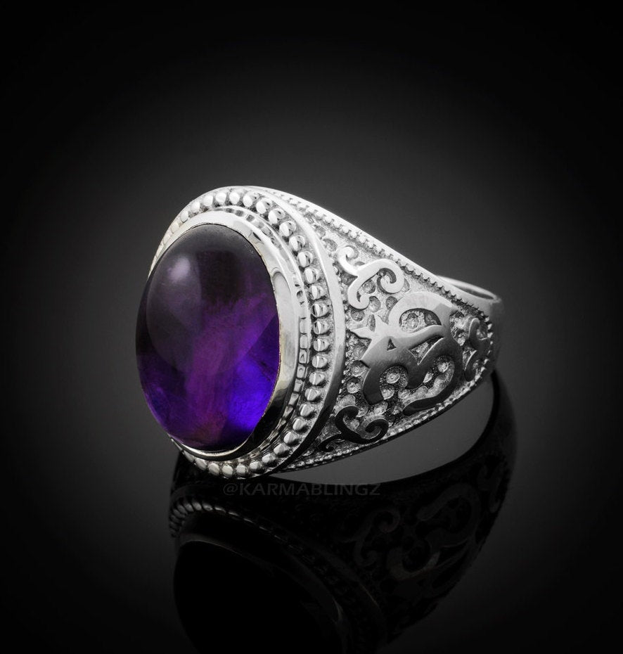 Sterling Silver Om (Aum) Purple Amethyst Cabochon Yoga Ring Karma Blingz