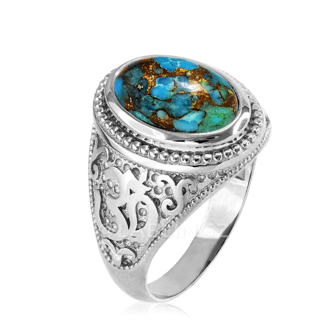 Sterling Silver Om (Aum) Mantra Ring with Blue Copper Turquoise Karma Blingz