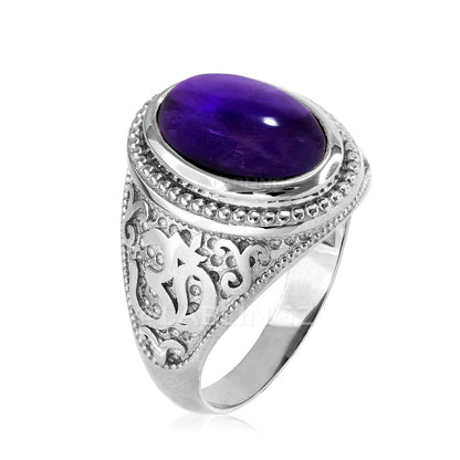Sterling Silver Om (Aum) Purple Amethyst Cabochon Yoga Ring Karma Blingz