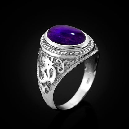 Sterling Silver Om (Aum) Purple Amethyst Cabochon Yoga Ring Karma Blingz