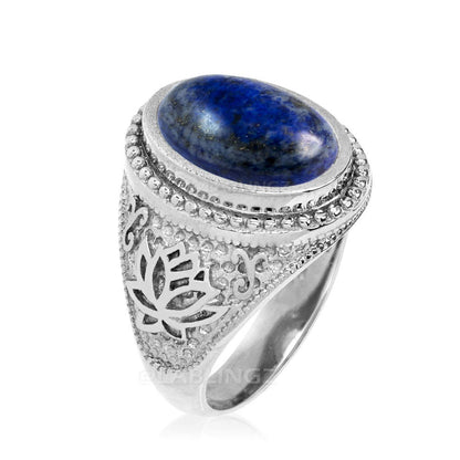 Sterling Silver Lotus Band Lapis Lazuli Oval Gemstone Yoga Statement Ring Karma Blingz