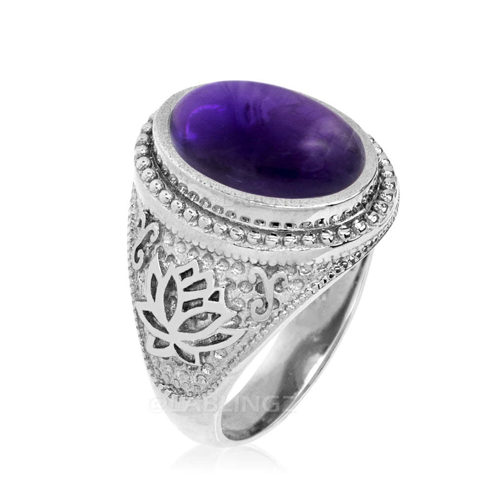 Sterling Silver Lotus Band Purple Amethyst Oval Cabochon Yoga Statement Ring Karma Blingz