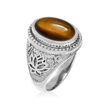 Sterling Silver Lotus Tiger Eye Cabochon Yoga Statement Ring Karma Blingz