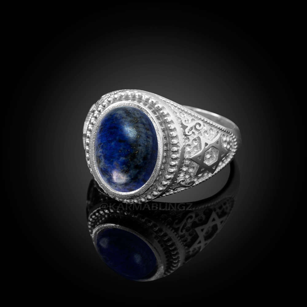 Sterling Silver Star of David Lapis Lazuli Oval Gemstone Jewish Statement Ring Karma Blingz