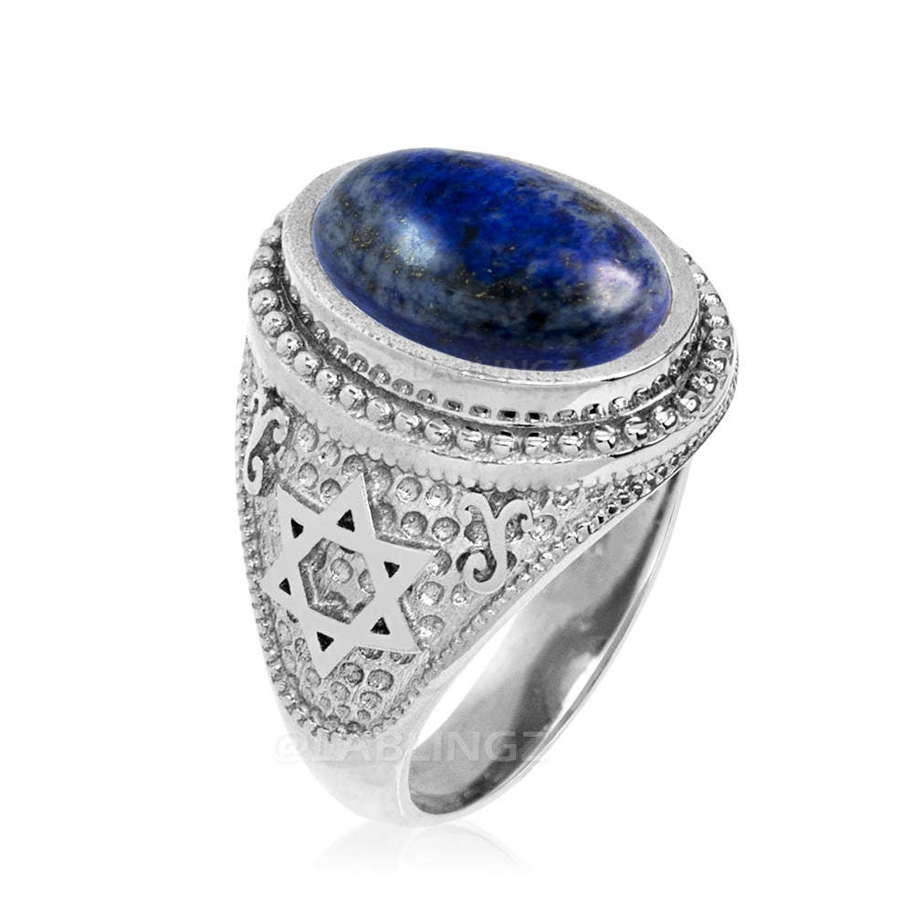 Sterling Silver Star of David Lapis Lazuli Oval Gemstone Jewish Statement Ring Karma Blingz