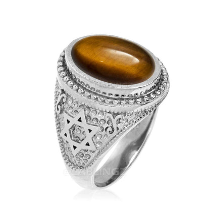 Sterling Silver Star of David Tiger Eye Oval Cabochon Jewish Ring Karma Blingz