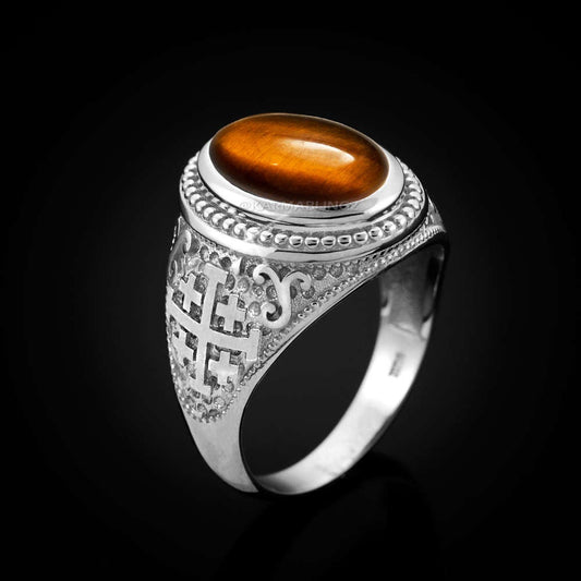 Sterling Silver Jerusalem Cross Tiger Eye Statement Ring Karma Blingz