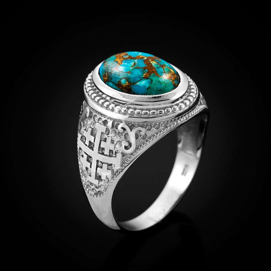 Sterling Silver Jerusalem Cross Blue Copper Turquoise Ring Karma Blingz