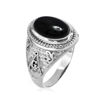 Sterling Silver Masonic Ring with Black Onyx Cabochon Karma Blingz