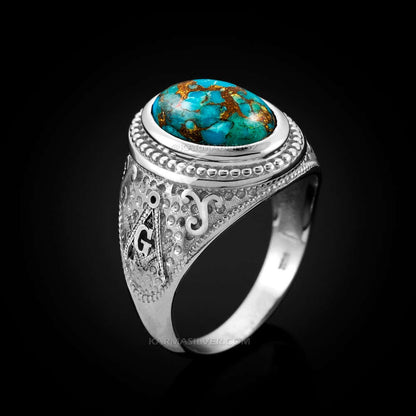 Sterling Silver Masonic Ring with Blue Copper Turquoise Karma Blingz