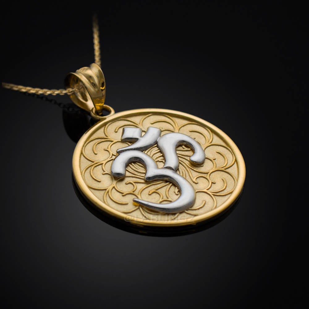 Gold Om (Aum) Yoga Medallion Pendant Necklace (yellow, white, rose gold) Karma Blingz