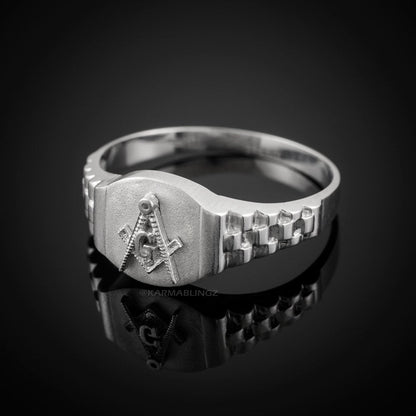 Sterling Silver rolex style Round Masonic Ring - Mens Silver Masonic Ring Karma Blingz