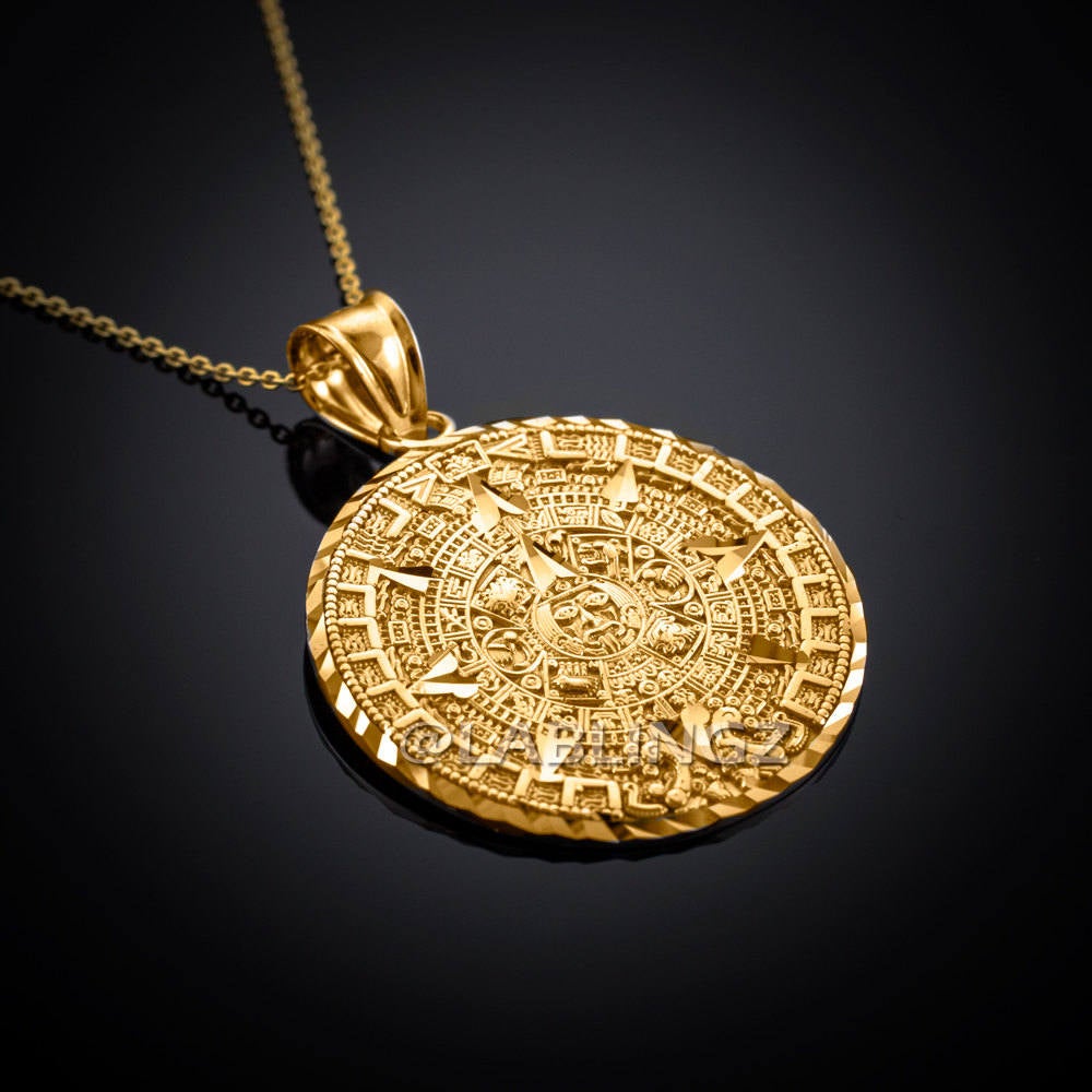 14K Gold Aztec Mayan Sun Calendar Pendant Necklace (yellow, white, rose gold) Karma Blingz