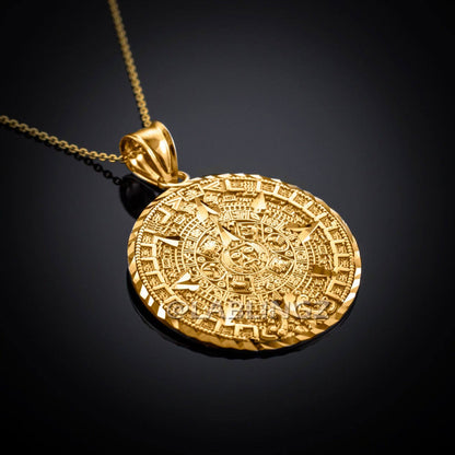 14K Gold Aztec Mayan Sun Calendar Pendant Necklace (yellow, white, rose gold) Karma Blingz