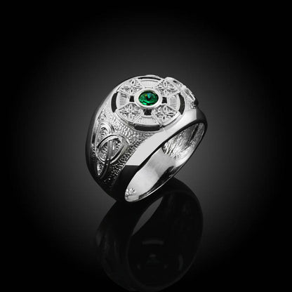 White Gold Irish Celtic Emerald-green CZ Mens Statement Ring (10K, 14K) Karma Blingz