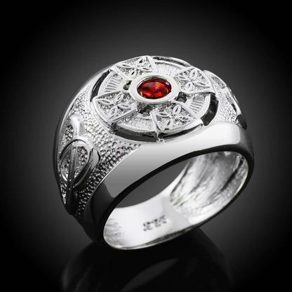 White Gold Celtic Red CZ Mens Statement Ring (10K, 14K) Karma Blingz