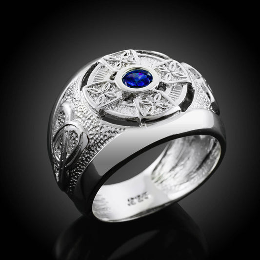 White Gold Irish Celtic Sapphire-Blue CZ Mens Statement Ring (10K, 14K) Karma Blingz
