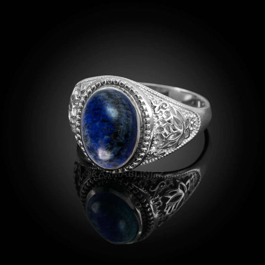 Sterling Silver Lotus Band Lapis Lazuli Oval Gemstone Yoga Statement Ring Karma Blingz