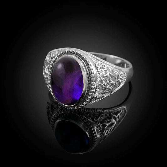 Sterling Silver Lotus Band Purple Amethyst Oval Cabochon Yoga Statement Ring Karma Blingz