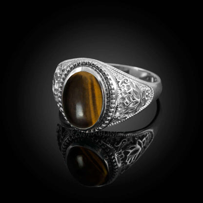 Sterling Silver Lotus Tiger Eye Cabochon Yoga Statement Ring Karma Blingz