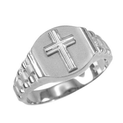 Sterling Silver rolex style Round Cross Ring - Mens Silver Cross Ring Karma Blingz