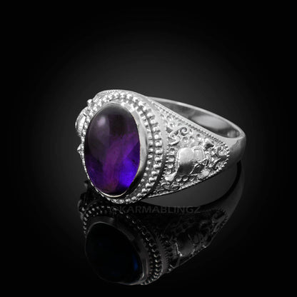 Sterling Silver Purple Amethyst Skull And Bone Biker Birthstone Ring. Karma Blingz