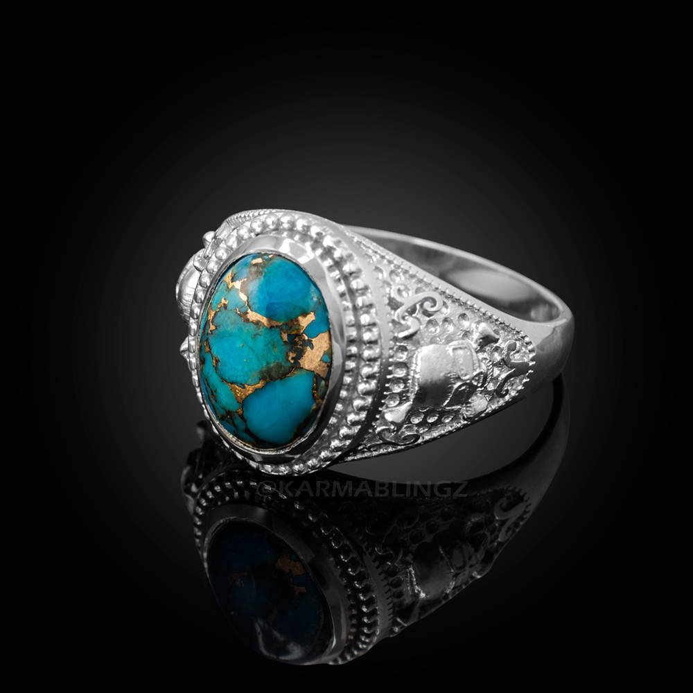 Sterling Silver Blue Copper Turquoise Skull And Bone Biker Gemstone Ring. Karma Blingz